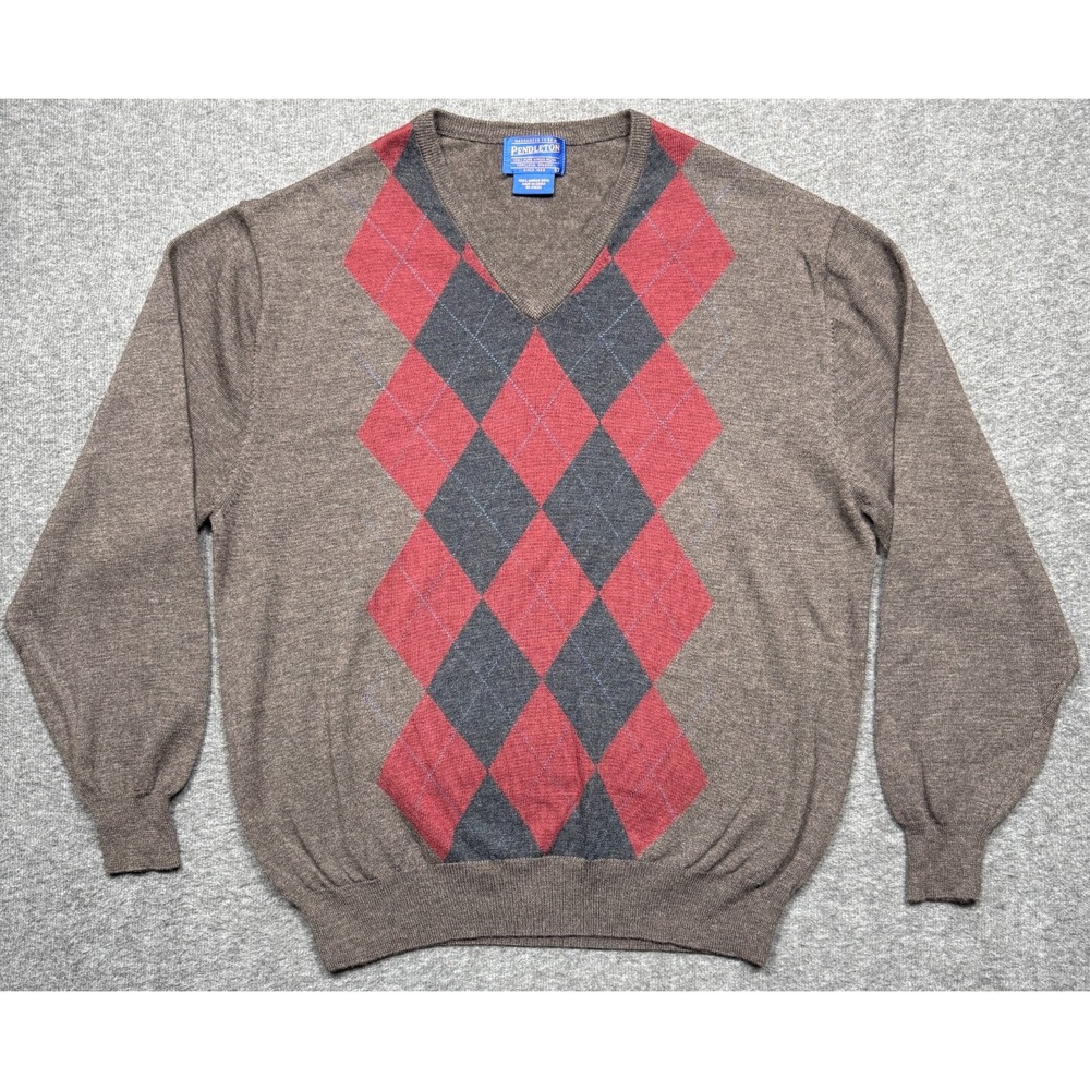 Pendleton Sweater Mens Large Brown Red Argyle V Neck‎ Merino Wool Pullover